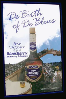 DeKuyper Bluesberry Schnapps bar mirror featuring a classic blues scene with a Gibson-style hollow-body electric guitar