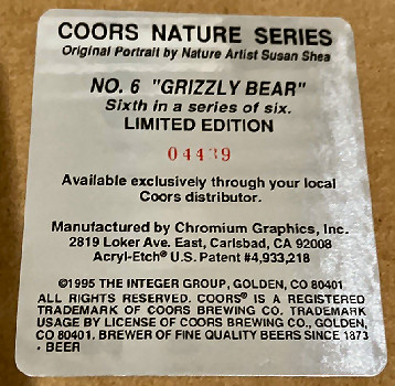 Coors Grizzly Bear Wildlife Mirror Reflective Glass Plaque
